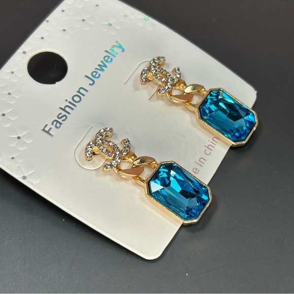 Gold & Rhinestone With Blue Stone Earrings - Picture 3 of 4